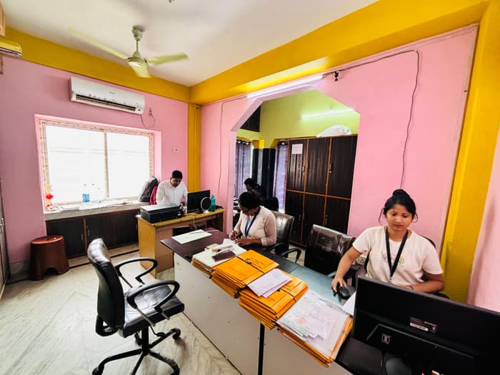 The main office floor, with matter files stacked at the working desks.